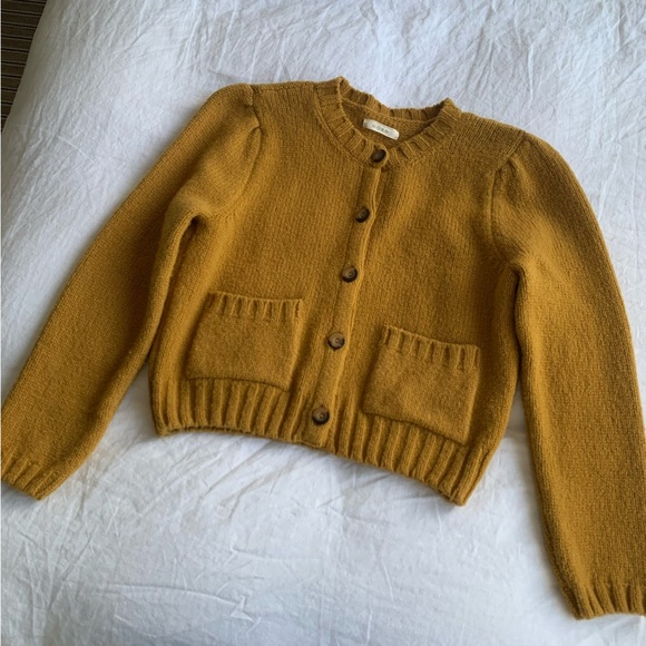Doen Risette Wool Crew Neck Pocket Button Cardigan Crop Sweater Mustard Yellow - Picture 4 of 7